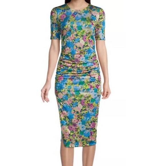 Black Halo dress Delina floral print ruched midi sheath size 6 - Picture 1 of 8